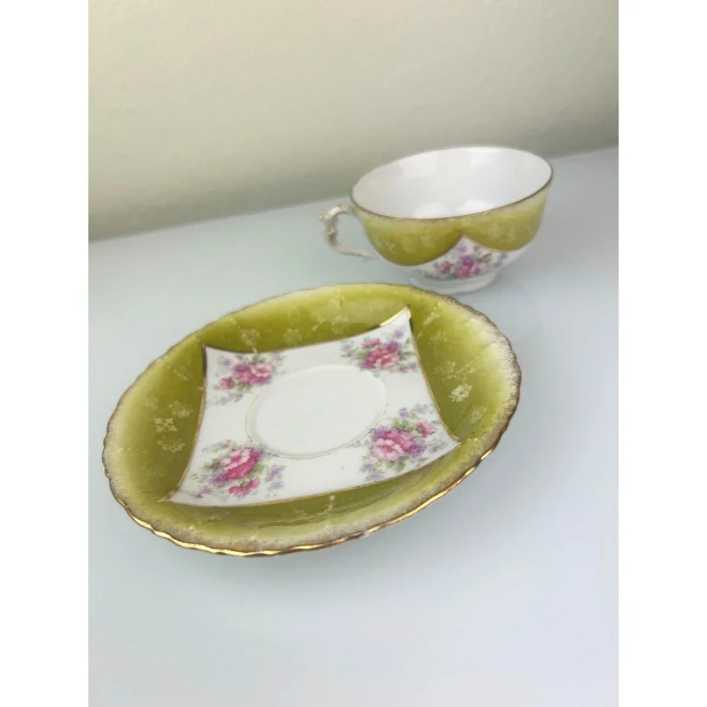 Excelsior Austria Porcelain Teacup & Saucer Green Pink Floral Victorian
